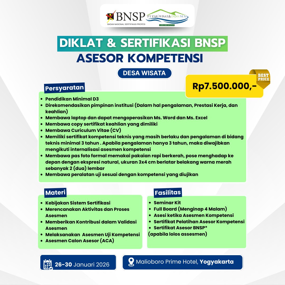 DIKLAT DAN SERTIFIKASI ASESOR KOMPETENSI BNSP